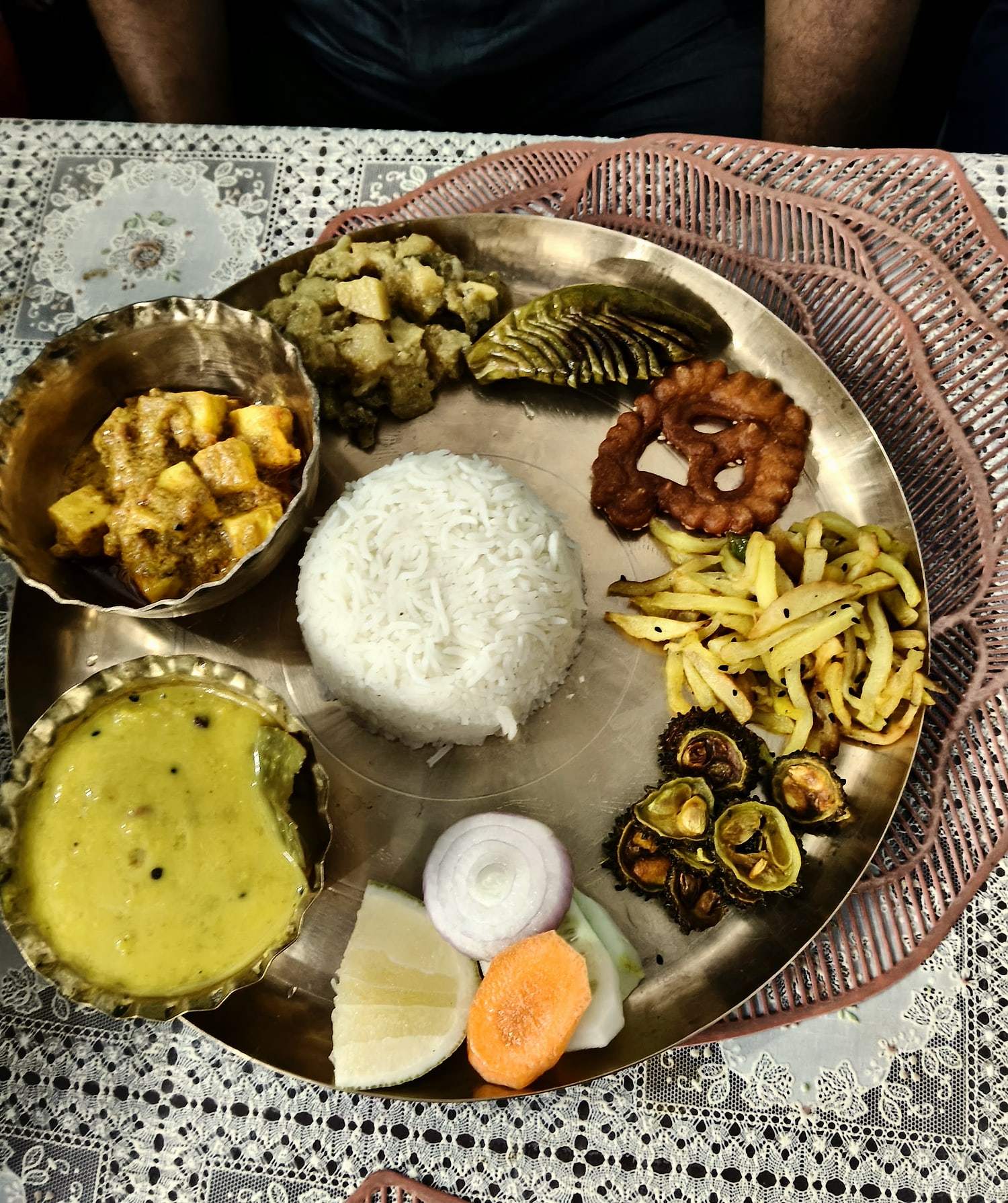 A Bengali thali served on a bell-metal plate