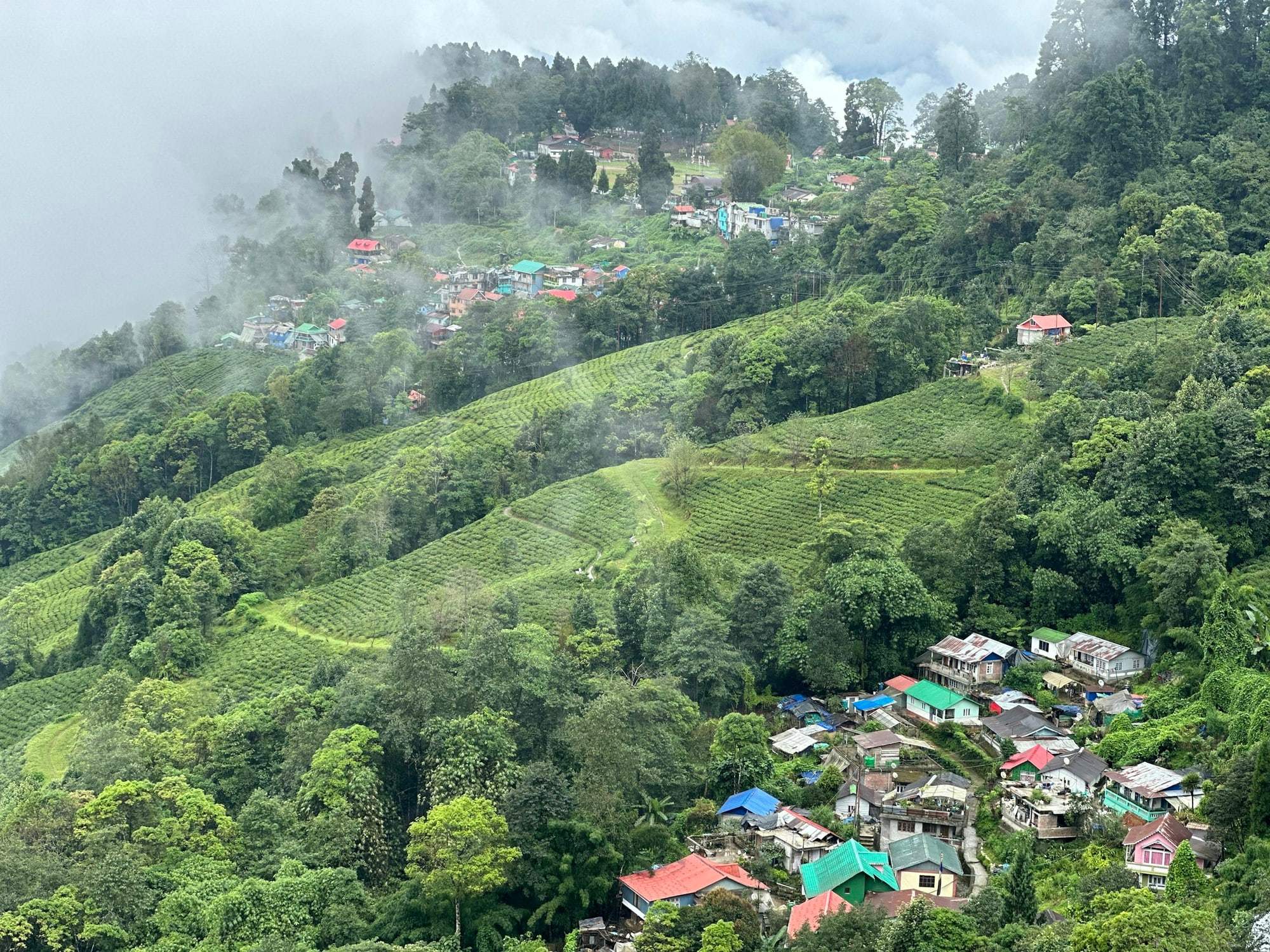 A hill village and terraced slopes wrapped in mist in the Darjeeling hills